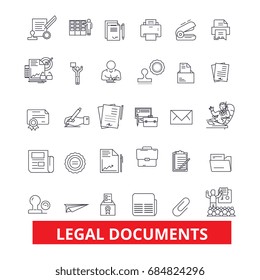 Legal documents, attorney, justice, legislation line icons. Juridical legislation outline signs set.  Legal documents icons with editable strokes.