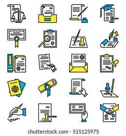 Legal documents and business workflow icons set in modern linear style. Pictogram pack of law, business, education docs. Can be used for web, media, mobile design. Vector flat illustration. Isolated