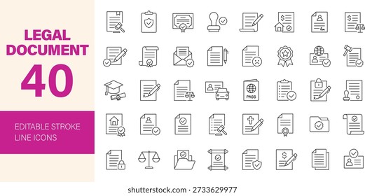 Symbolsatz für juristische Dokumente. Enthaltend Zertifikat, Lizenz, Vertrag, Diplom, Unterschrift, Stempel, Vereinbarungen, Visum, Pass, Patent, Recht, Gesetz, Brief und mehr. Bearbeitbare Liniensymbole. Vektorgrafik.