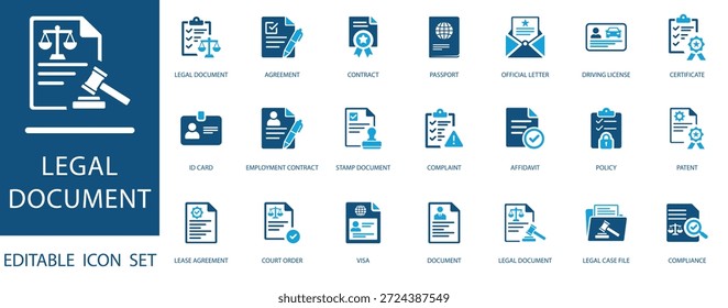 Conjunto de iconos de documentos legales para contratos, Acuerdos, órdenes judiciales, pasaportes, visas, declaraciones juradas y conceptos de cumplimiento para servicios legales