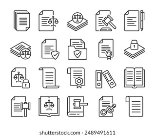 Iconos de documentos legales. Conjunto de iconos de línea de formularios legales y documentos legales. Trazo editable.