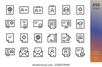 Legal documents icons set. Set of passport, id card, badge pass, driving license, medical certificate, diploma, international document, signature, signed contract, official letter, blacklist icon