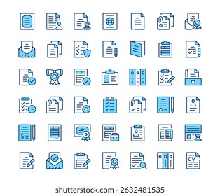 Symbole für juristische Dokumente. Symbolsatz für Vektorzeile. Modernes Design. Blaues Konzept