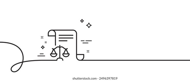 Icono de línea de documentos legales. Línea continua con rizo. Señal de escalas de justicia. Símbolo del doc del juicio. Cinta de contorno única de documentos legales. Patrón de curva de bucle. Vector