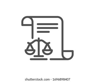 Legal documents line icon. Justice scales sign. Judgement doc symbol. Quality design element. Editable stroke. Linear style legal documents icon. Vector