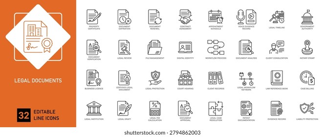 Legal Documents Line Icon Set with Certification Verification Contract and Law Office Editable Vector Icons