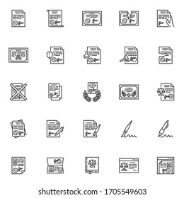 Legal documents line icons set. linear style symbols collection, outline signs pack. vector graphics. Set includes icons as online attorney service, law book, agreement, contract, report, signature