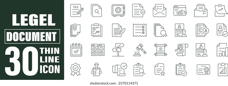 Legal documents linear icons collection. Containing passport, contract, agreement, ID card, certificate, license, law, justice. Editable stroke