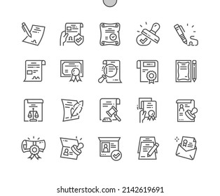 Legal documents. Official letter. Stamp, certificate, license and diploma. Pixel Perfect Vector Thin Line Icons. Simple Minimal Pictogram