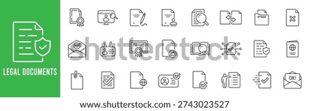 Legal documents outline icon set with contract, signature, compliance, verified shield, secure files, certificates, approvals, editable stroke line vector.