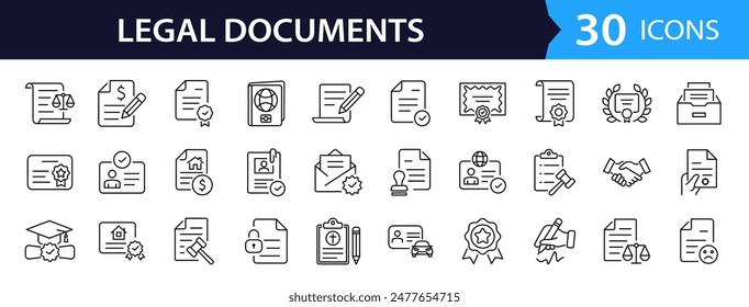 Conjunto de documentos legales de iconos web en estilo de línea. Colección de iconos lineales de documento. Con pasaporte, contrato, Acuerdo, tarjeta de identificación, certificado, Licencia, ley, justicia. Trazo editable