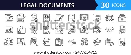 Legal documents set of web icons in line style. Document linear icons collection. Containing passport, contract, agreement, ID card, certificate, license, law, justice. Editable stroke