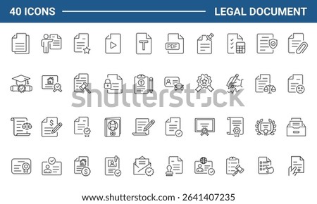 Legal documents set of web icons in line style. Document linear icons collection. Containing passport, contract, agreement, ID card, certificate, license, law, justice. Editable stroke