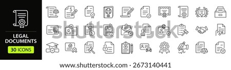 Legal documents set of web icons in line style. Document linear icons collection. Containing  passport, contract, agreement, ID card, certificate, license, law, justice. Editable stroke