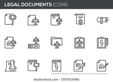 Legal documents vector line icons set. Code of laws, notary public, advocacy, certificate, license. Editable stroke. Perfect pixel icons, such can be scaled to 24, 48, 96 pixels.