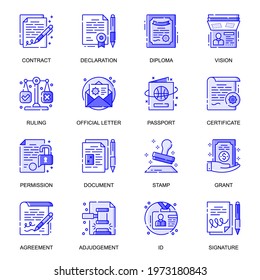 Legal Documents web flat line icons set. Pack outline pictogram of declaration, diploma, official letter, certificate, agreement concept. Vector illustration of symbols for website mobile app design