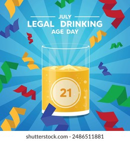 Legal drinking Age Day. Glass and confetti. suitable for cards, banners, posters, social media and more. Blue background.