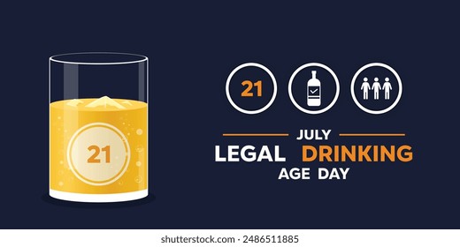 Legal drinking Age Day. Glass, number, bottle and people icon. suitable for cards, banners, posters, social media and more. Dark blue background.