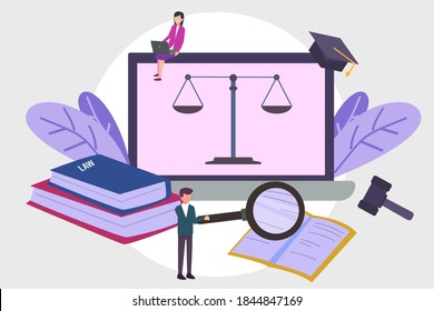 Legal Education Vector Concept: Young Woman And Man Studying About Law While Using Laptop And Book