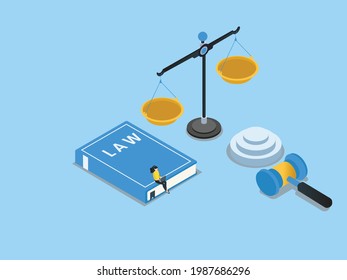 Legal education vector concept: Young woman studying about law while using laptop and sitting on a book near scales and gavel