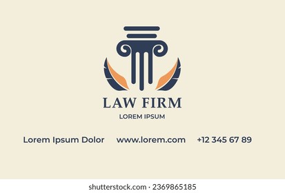 Legal expertise of law firm, professional help and advise for clients. Card with logotype of pillar and feathers, phone and website address details. Business or visiting card, vector in flat style