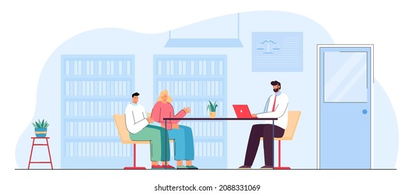 Legal or financial advisor making contract with married couple. Judge with laptop consulting clients in lawyer office flat vector illustration. Law, family, divorce concept for banner, website design