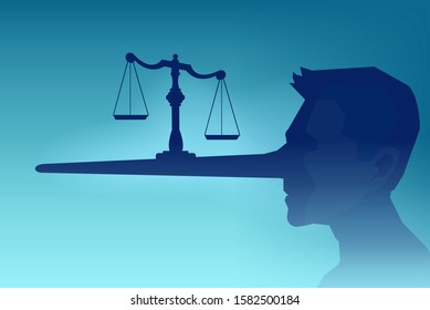 Legal fraud concept. Vector of a man head silhouette and a law scale being balanced on a long nose of a judge 