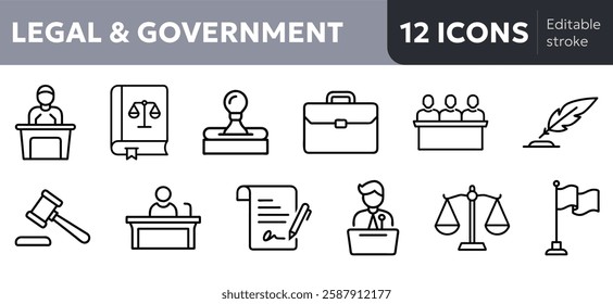 legal government icons including gavel, scales of justice, law book, judge’s bench, courtroom seal, legal contract, jury box, court reporter, witness stand