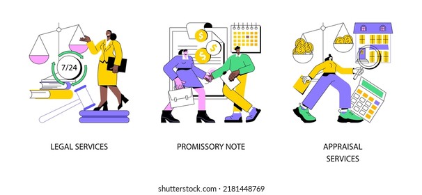 Legal Help Abstract Concept Vector Illustration Set. Legal Services, Promissory Note, Appraisal Consulting Firm, Personal Assets Protection, Loan Agreement, Financial Decision Abstract Metaphor.