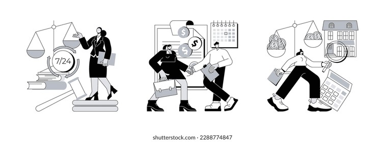 Legal help abstract concept vector illustration set. Legal services, promissory note, appraisal consulting firm, personal assets protection, loan agreement, financial decision abstract metaphor.