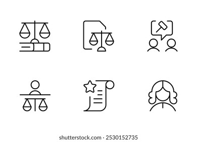 Ícone Legal. Ícones de documentos legais. Lei, juiz, conjunto de ícones de linha de justiça. ilustração vetorial. linear Editável Traço. Linha, Sólido, Linha plana, estilo fino e Adequado para Página da Web, Aplicativo Móvel, UI, UX 