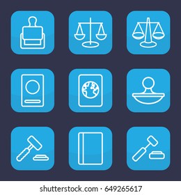 Legal icon. set of 9 outline legal icons such as passport, stamp, auction hummer