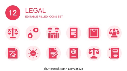 legal icon set. Collection of 12 filled legal icons included Scale, Handcuffs, Jail, Contract, White balance, Passport, Law