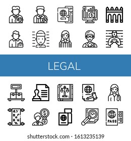 legal icon set. Collection of Lawyer, Salesman, Judge, Prisoner, Passport, Accounting, Aguas livres, Scale, Manuscript, Stamp, Law book, Justice, Contract icons