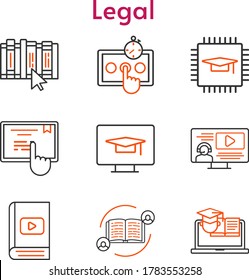 legal icon set. included feedback, chip, e-book, test, instructor, book, touchscreen, training, student, desktop icons. bicolor styles.