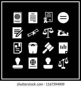 legal icon. This set with imbalanced scale, passport, diploma with a ribbon and contract vector icons for mobile and web