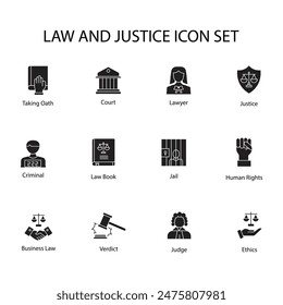 Legal Icons Collection: Judge, Lawyer, Court, Justice, Law Book, Jail, Taking Oath, Criminal, Human Rights, Business Law, Verdict with editable stroke.