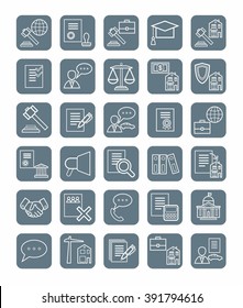 Legal icons, linear, gray, monochrome. Vector icons of legal services. Monotone, linear, flat, white icons on a gray background. 