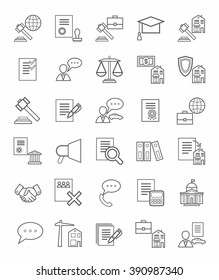 Legal icons, linear, monotone. Vector icons of legal services. Monotone, linear, flat icons on white background. 