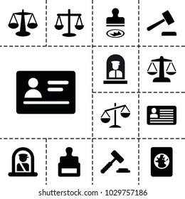 Legal icons. set of 13 editable filled legal icons such as airport officer, passport, stamp, auction hummer