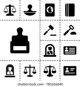 Legal icons. set of 13 editable filled legal icons such as airport officer, passport, stamp, scales