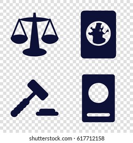 Legal icons set. set of 4 legal filled icons such as passport, scales