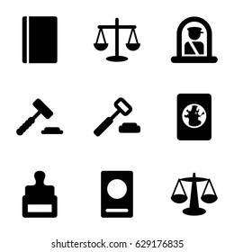 Legal icons set. set of 9 legal filled icons such as airport officer, passport, stamp, scales