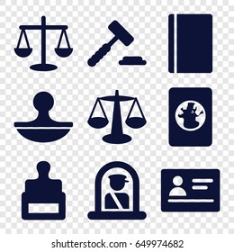 Legal icons set. set of 9 legal filled icons such as airport officer, passport, stamp, scales