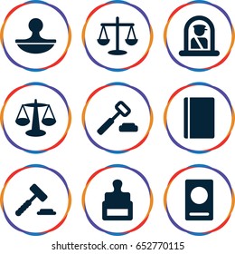 Legal icons set. set of 9 legal filled icons such as airport officer, passport, stamp, scales