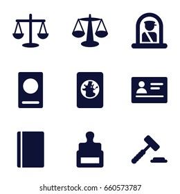 Legal icons set. set of 9 legal filled icons such as airport officer, passport, stamp, scales