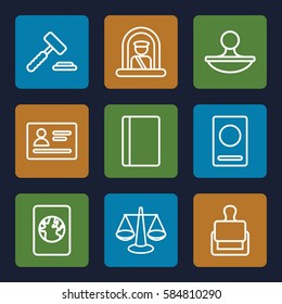 legal icons set. Set of 9 legal outline icons such as airport officer, passport, stamp, auction hummer