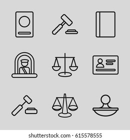 Legal icons set. set of 9 legal outline icons such as airport officer, passport, stamp, auction hummer