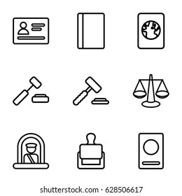 Legal icons set. set of 9 legal outline icons such as airport officer, passport, stamp, auction hummer