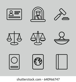 Legal icons set. set of 9 legal outline icons such as airport officer, passport, stamp, auction hummer